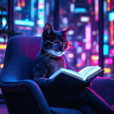 The primary subject of the image is a cat wearing glasses and sitting in a chair. The cat is reading a book, which is placed in its lap. The setting is a room with a chair and a book, creating a cozy and comfortable atmosphere. The visual style is a digital art, with the cat and the book being the main focus of the image. The colors and mood are warm and inviting, with the cat appearing to be enjoying its time reading.